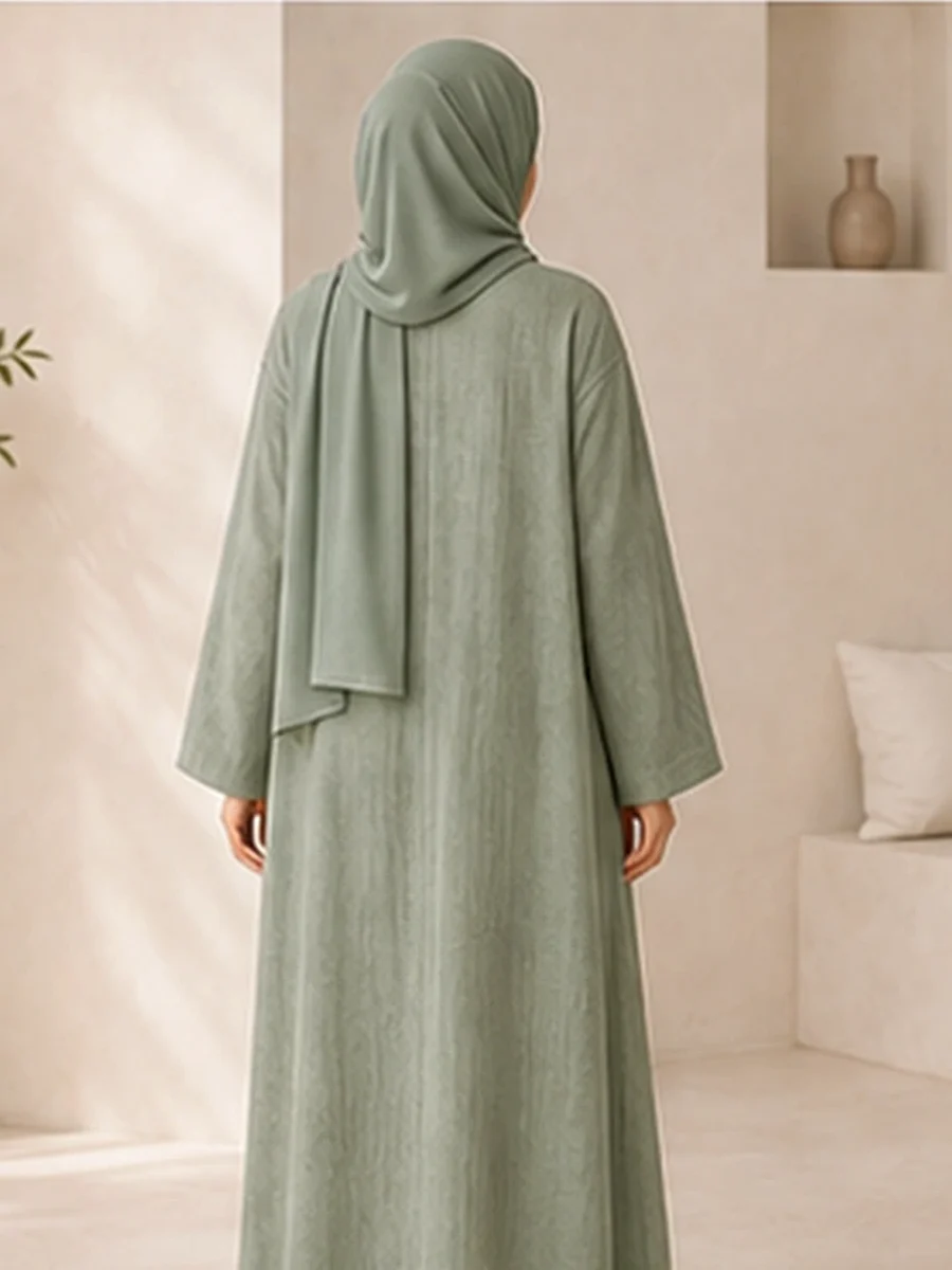 Layal Linen Abaya Set – Green – Rückansicht | ZAVRYNE