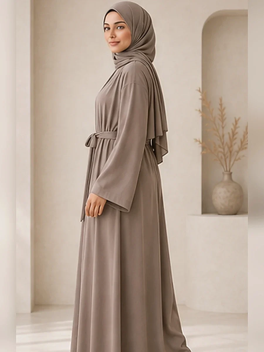 Open Abaya mit Bindegürtel – Taupe