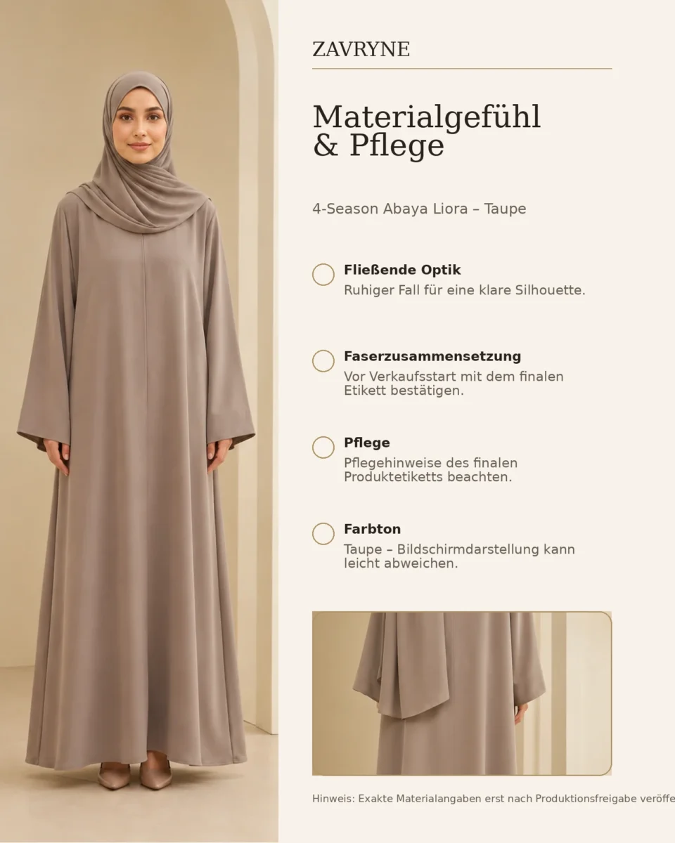 4-Season Abaya Liora – Taupe – Materialgefühl und Pflege | ZAVRYNE Deutschland