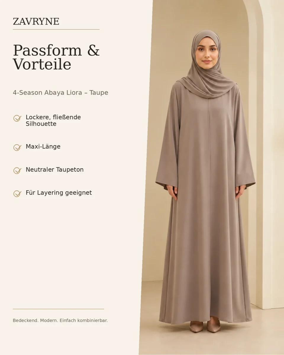 4-Season Abaya Liora – Taupe – Passform und Vorteile | ZAVRYNE Deutschland