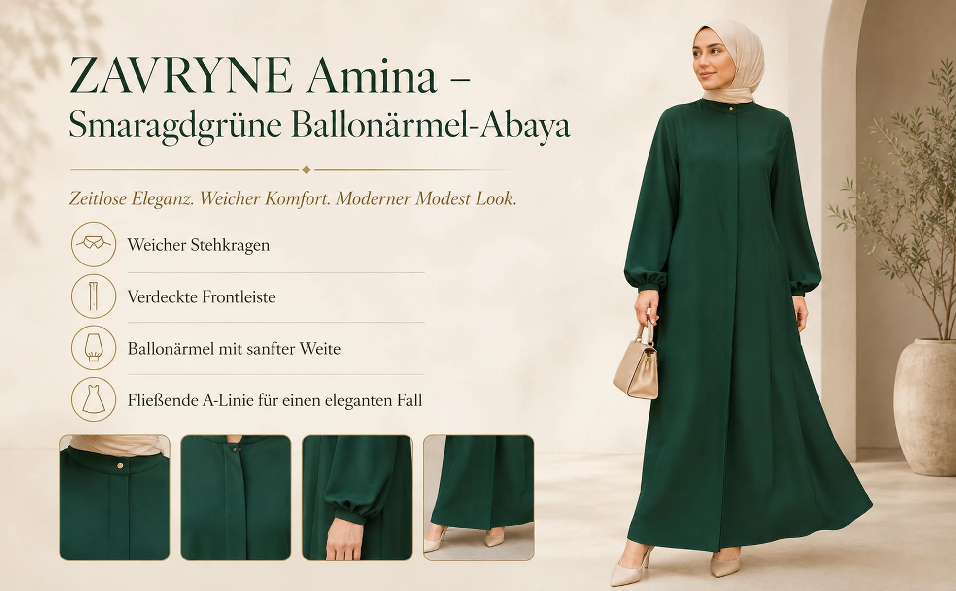 ZAVRYNE Amina – Smaragdgrüne Ballonärmel-Abaya