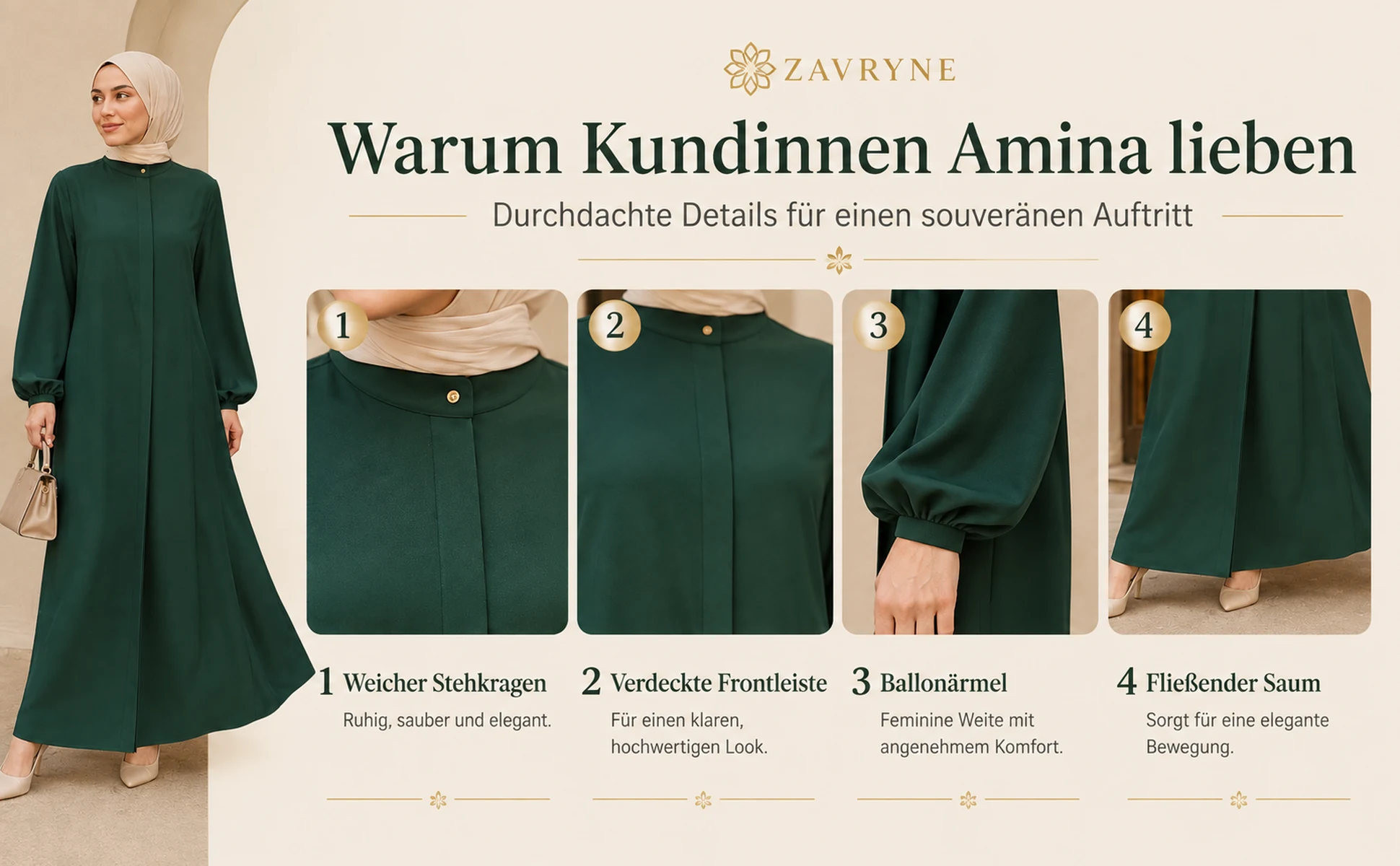 ZAVRYNE Amina – Smaragdgrüne Ballonärmel-Abaya