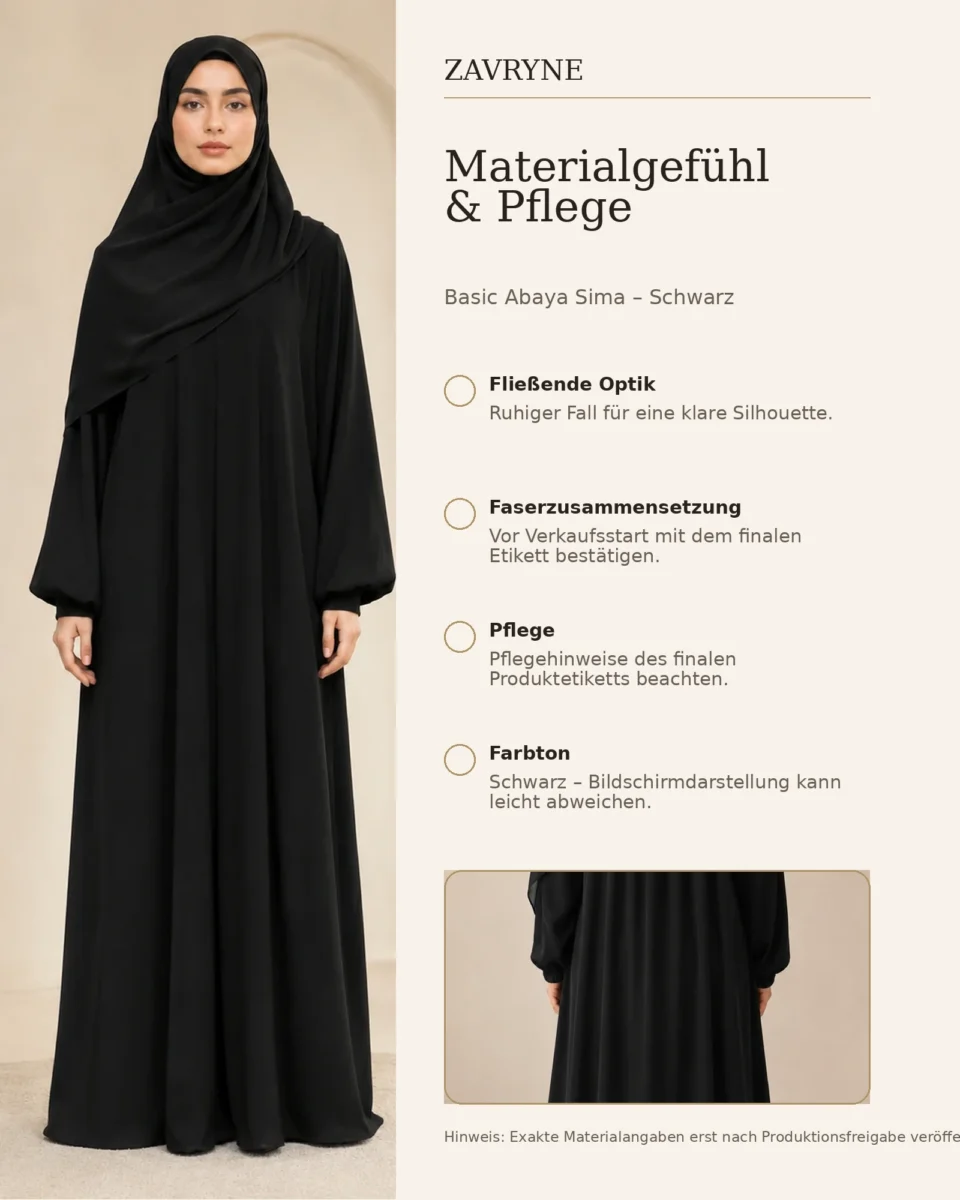 Basic Abaya Sima – Schwarz – Materialgefühl und Pflege | ZAVRYNE Deutschland