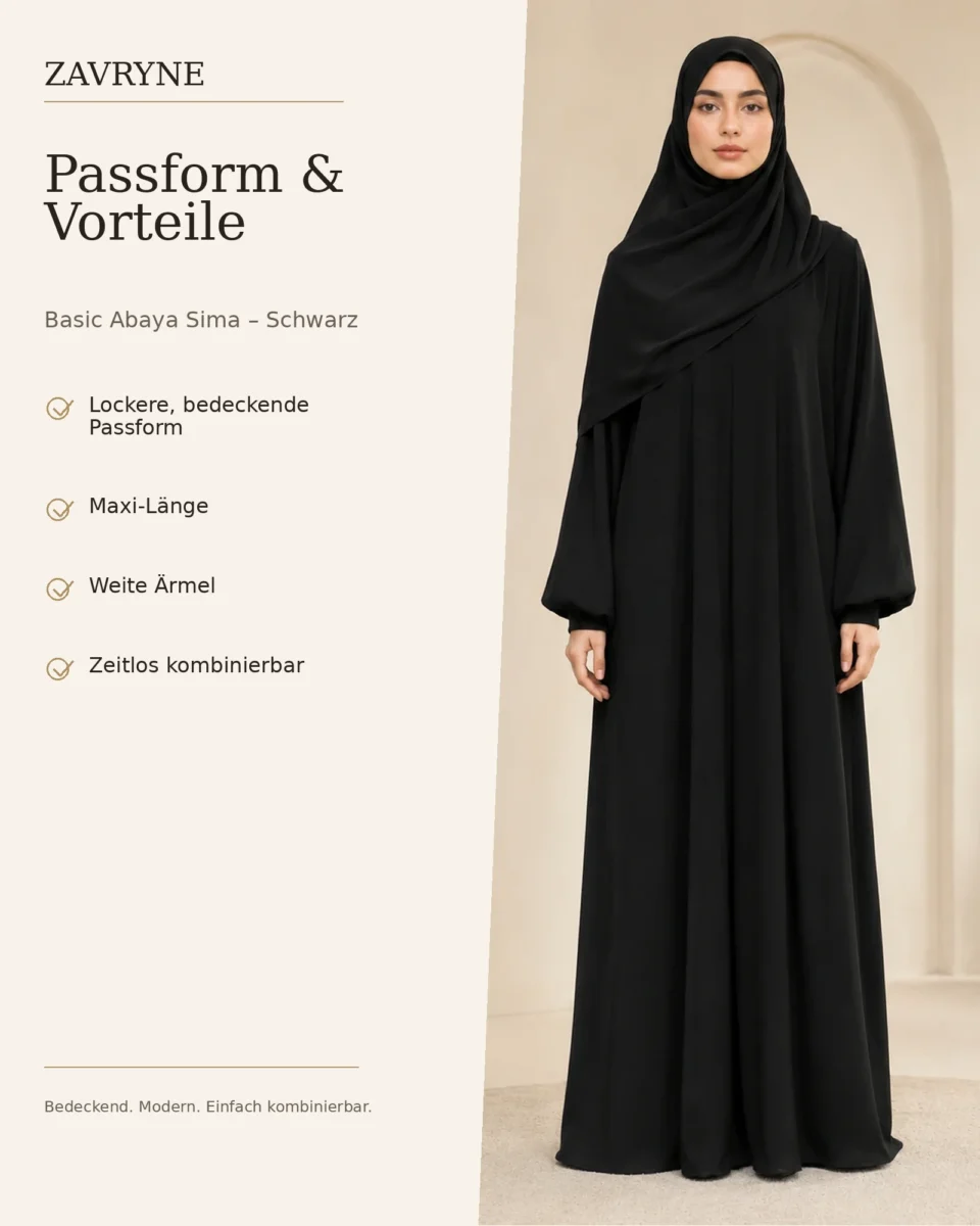 Basic Abaya Sima – Schwarz – Passform und Vorteile | ZAVRYNE Deutschland