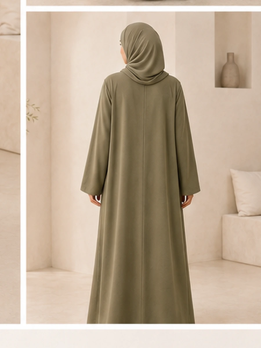 Cotton Abaya Mina – Sommer Olive – Detailansicht | ZAVRYNE Deutschland