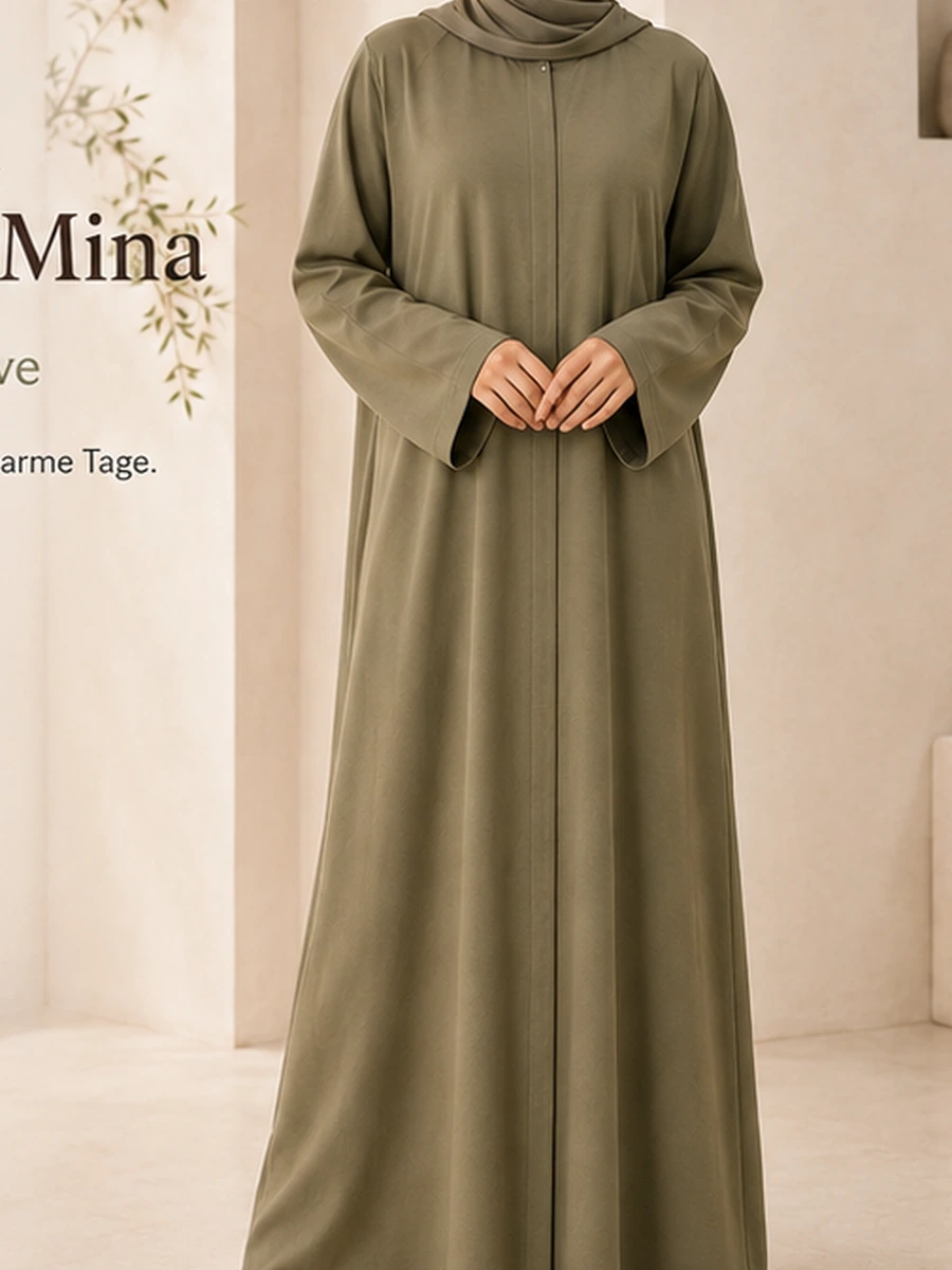 Cotton Abaya Mina – Sommer Olive – Vorderansicht | ZAVRYNE Deutschland