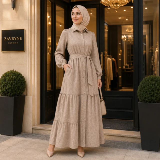 ZAVRYNE Dalia – Jacquard Modest Maxikleid mit Knopfleiste & Bindegürtel