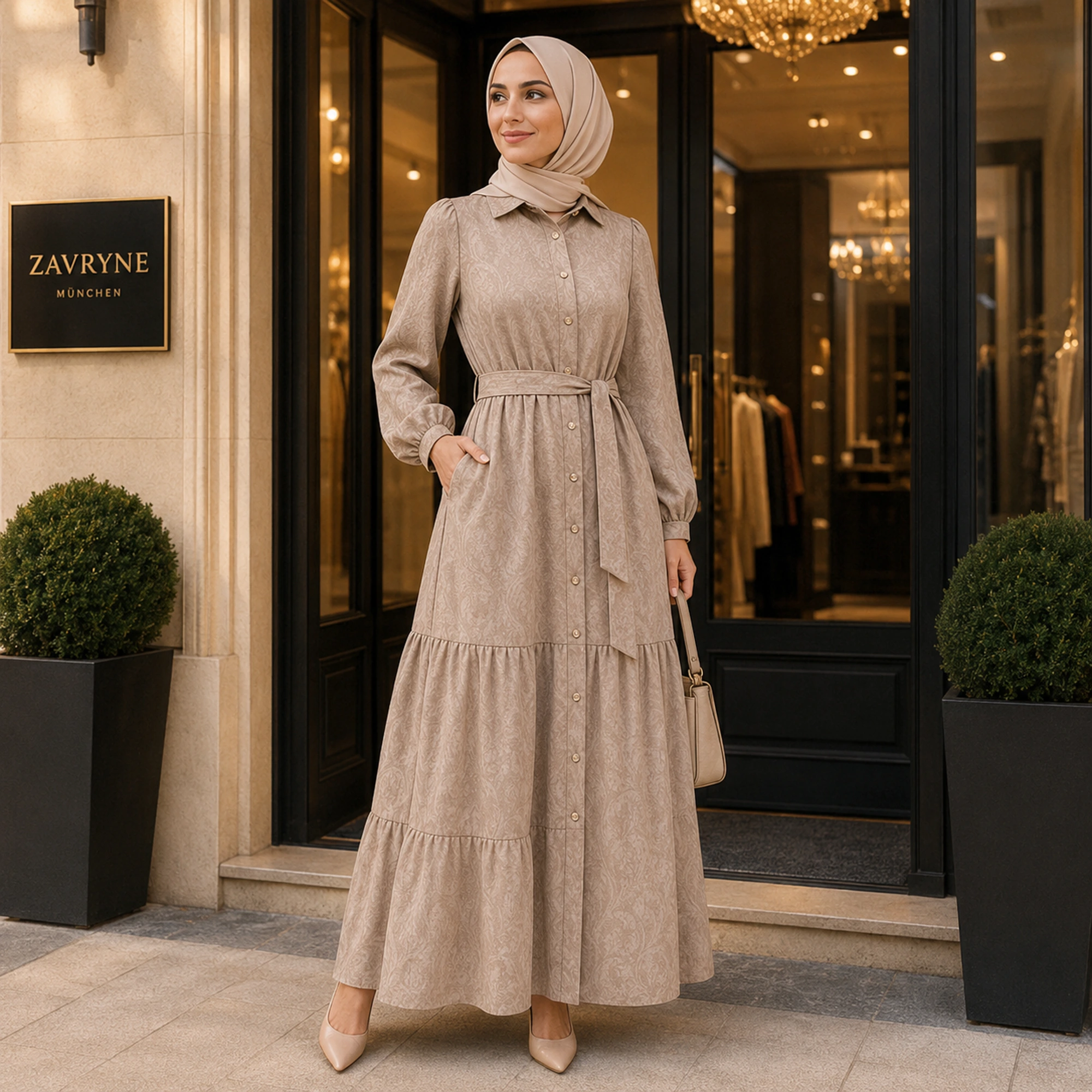 ZAVRYNE Dalia – Jacquard Modest Maxikleid mit Knopfleiste & Bindegürtel