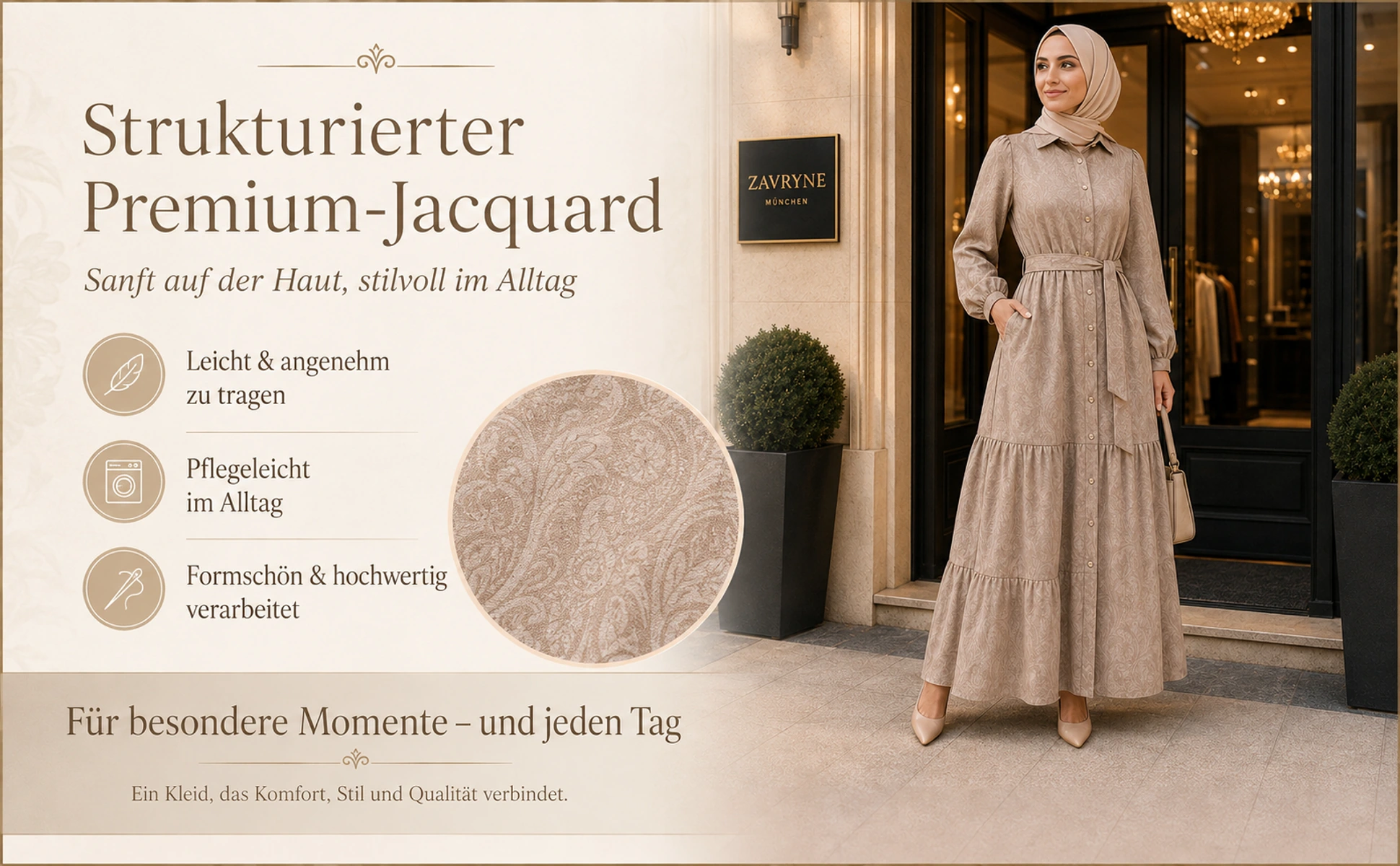 ZAVRYNE Dalia – Jacquard Modest Maxikleid mit Knopfleiste & Bindegürtel