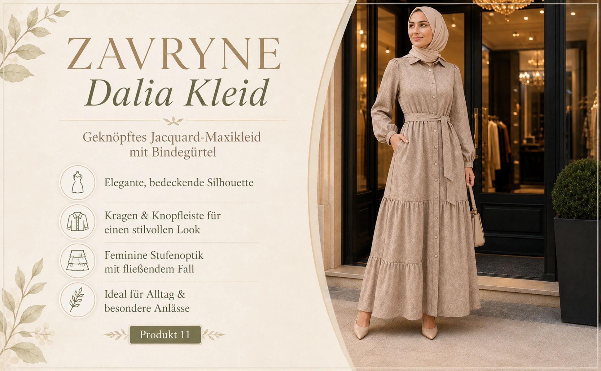 ZAVRYNE Dalia – Jacquard Modest Maxikleid mit Knopfleiste & Bindegürtel
