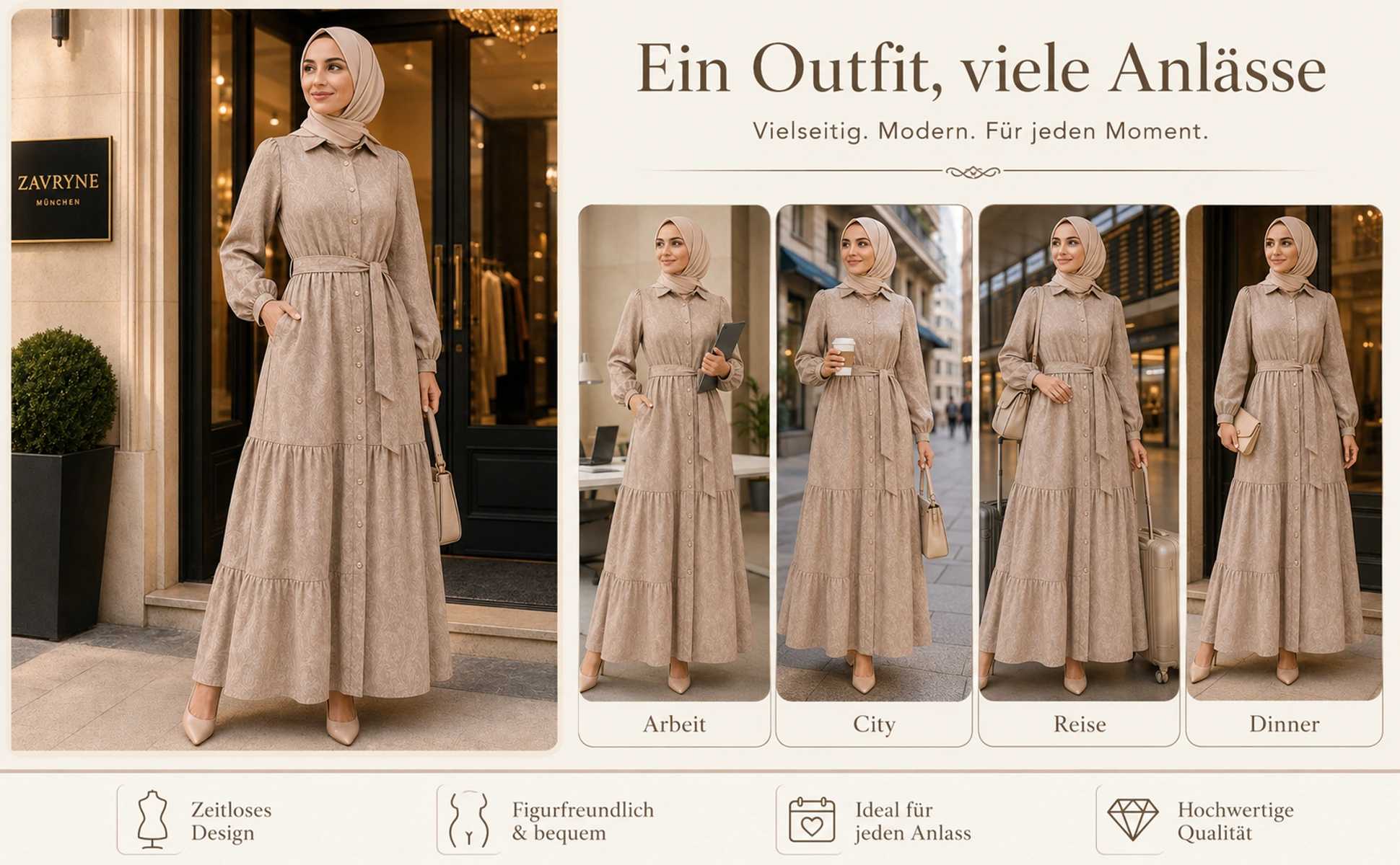 ZAVRYNE Dalia – Jacquard Modest Maxikleid mit Knopfleiste & Bindegürtel