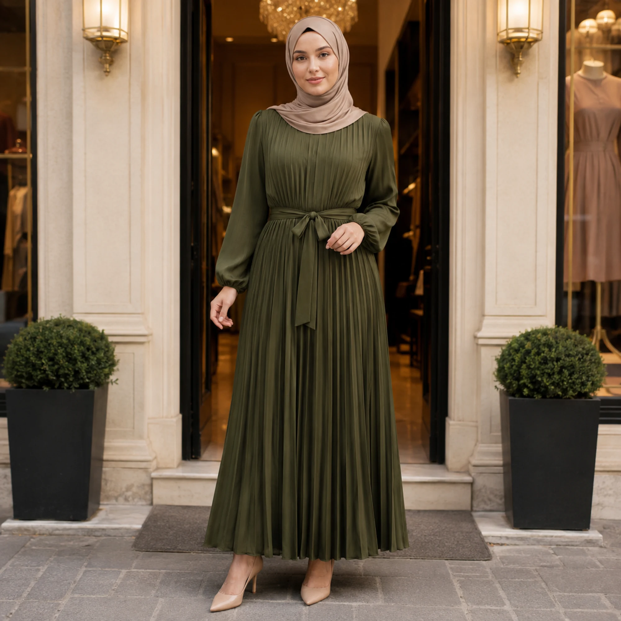 ZAVRYNE Elin – Plissiertes Modest Maxi-Kleid mit Bindegürtel