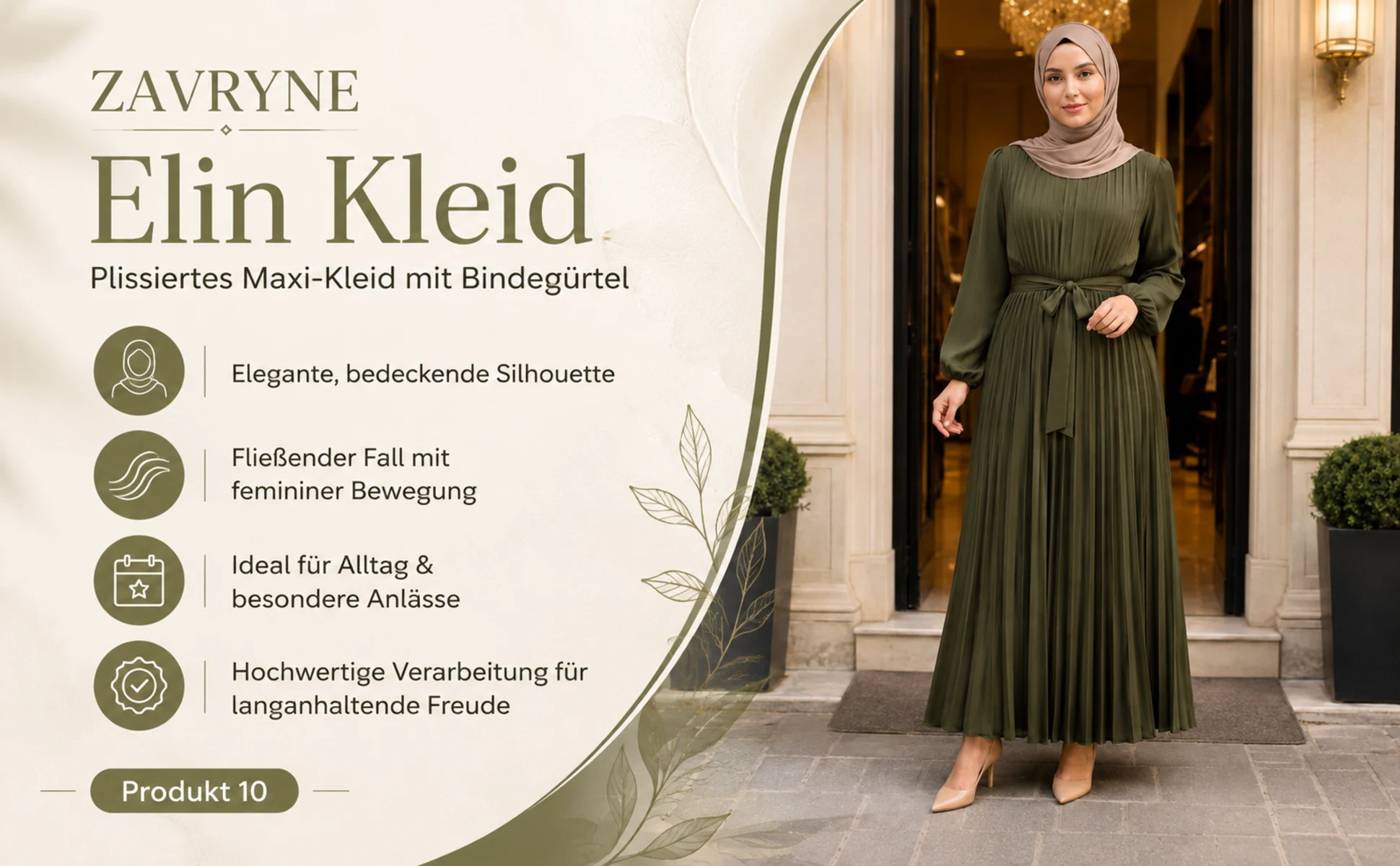 ZAVRYNE Elin – Plissiertes Modest Maxi-Kleid mit Bindegürtel
