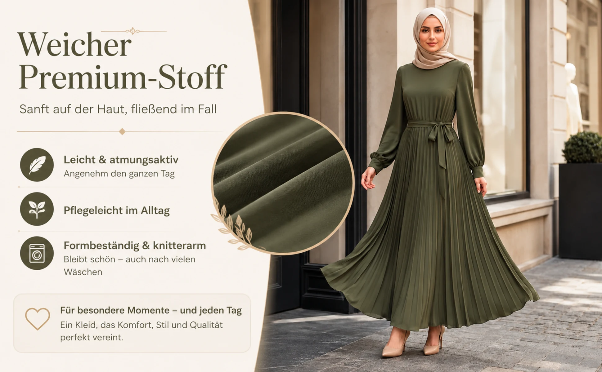 ZAVRYNE Elin – Plissiertes Modest Maxi-Kleid mit Bindegürtel