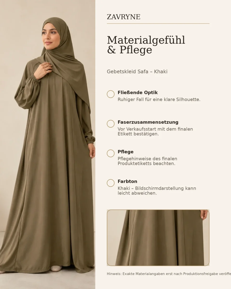 Gebetskleid Safa – Khaki – Materialgefühl und Pflege | ZAVRYNE Deutschland
