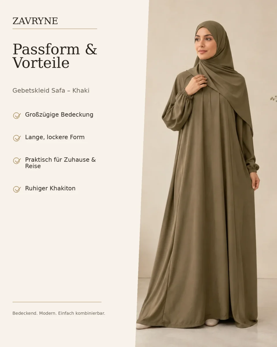 Gebetskleid Safa – Khaki – Passform und Vorteile | ZAVRYNE Deutschland