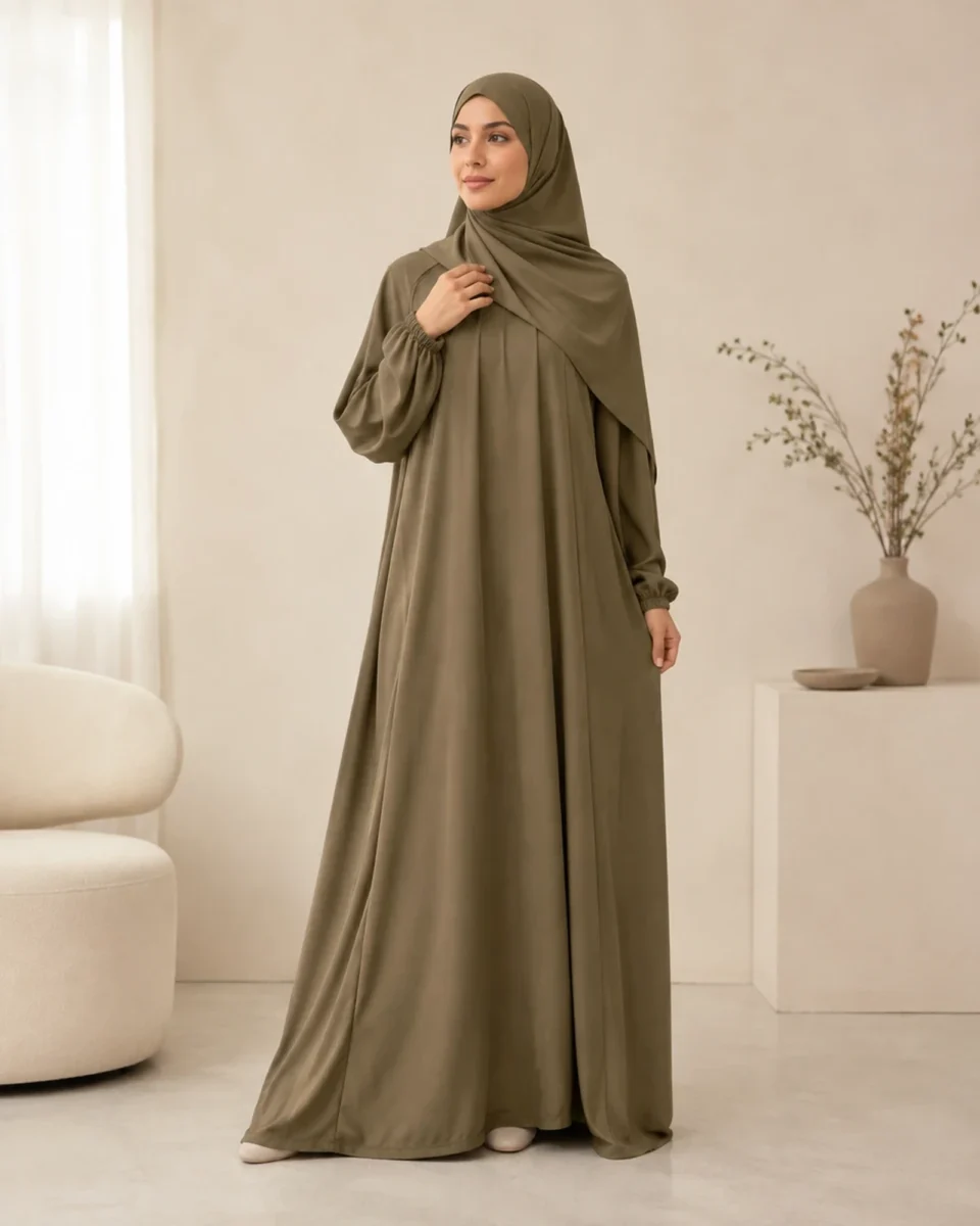 Gebetskleid Safa – Khaki – Vorderansicht | ZAVRYNE Deutschland