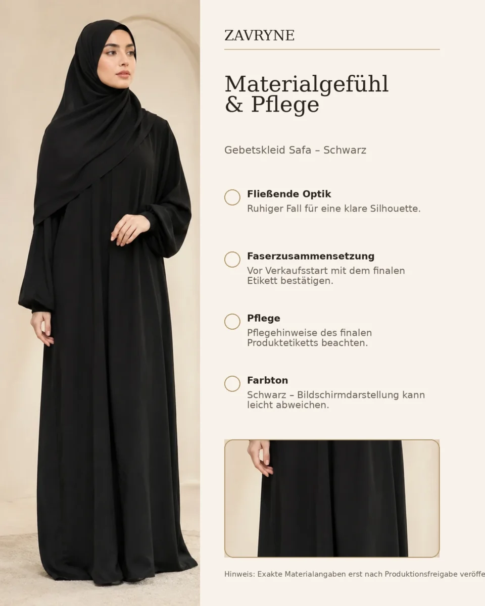 Gebetskleid Safa – Schwarz – Materialgefühl und Pflege | ZAVRYNE Deutschland