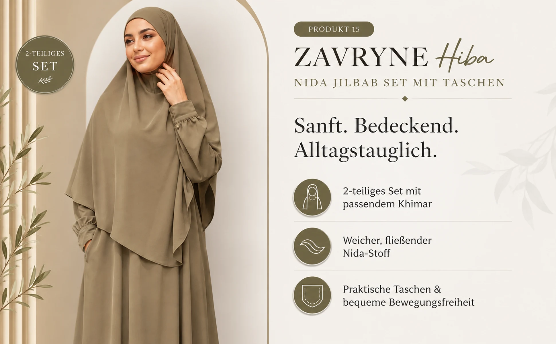 ZAVRYNE Hiba – 2-teiliges Nida Jilbab Set mit Khimar & Taschen