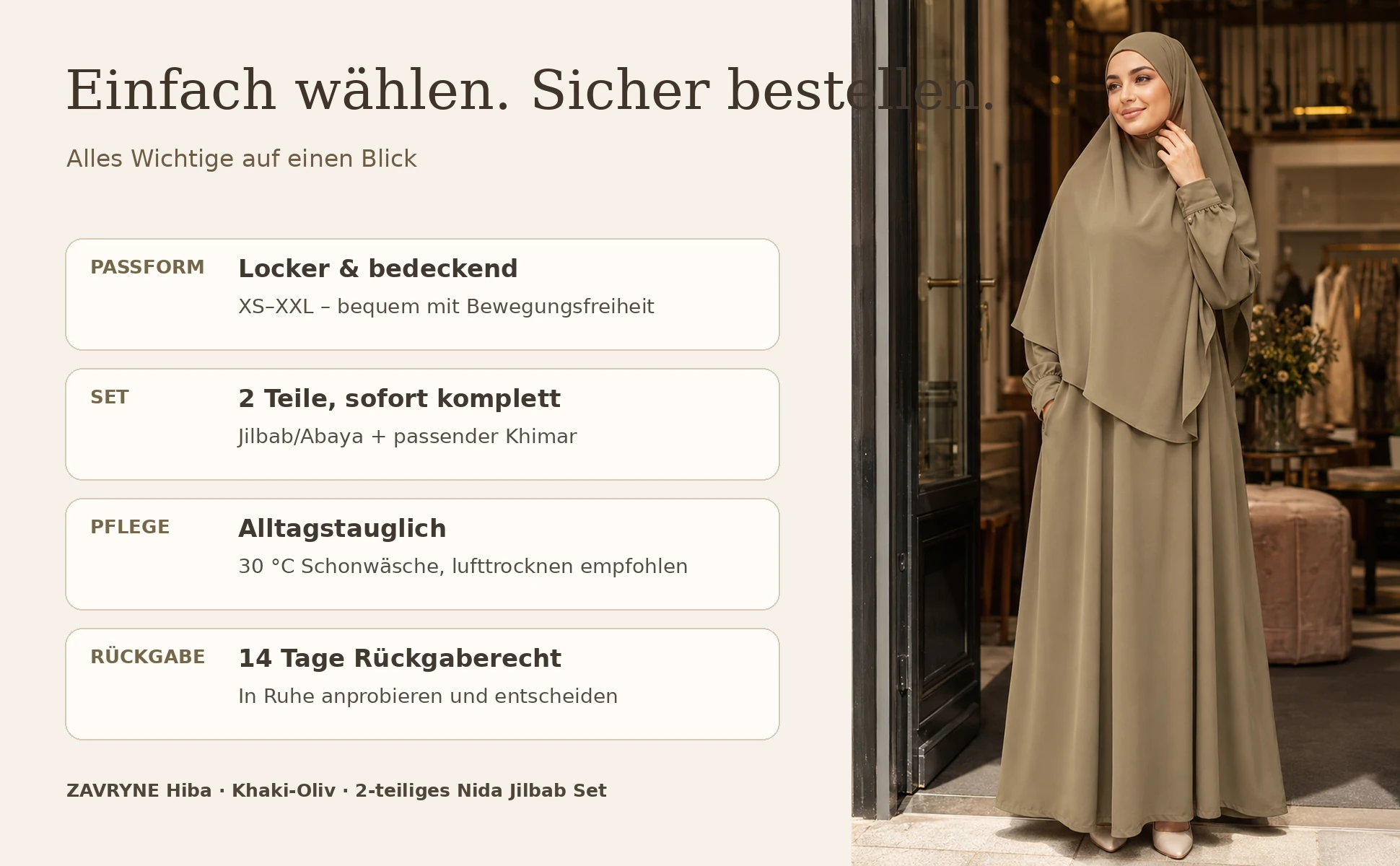 ZAVRYNE Hiba – 2-teiliges Nida Jilbab Set mit Khimar & Taschen