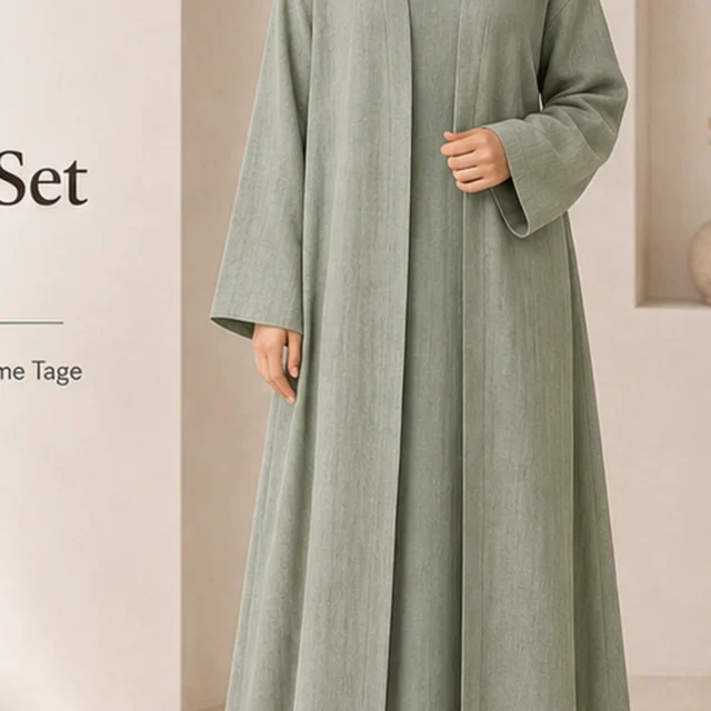 Layal Linen Abaya Set – Green – Vorderansicht | ZAVRYNE Deutschland
