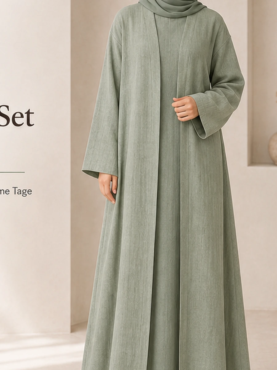 Layal Linen Abaya Set – Green – Vorderansicht | ZAVRYNE Deutschland