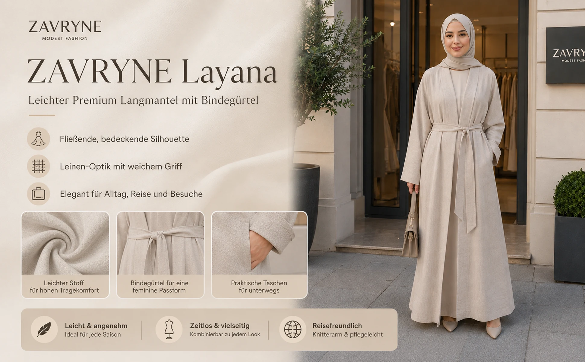 ZAVRYNE Layana – Leichter Premium Langmantel mit Bindegürtel