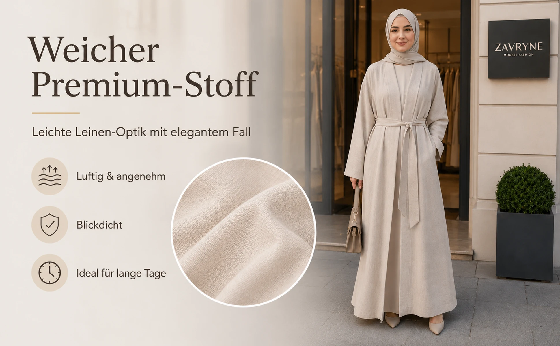 ZAVRYNE Layana – Leichter Premium Langmantel mit Bindegürtel