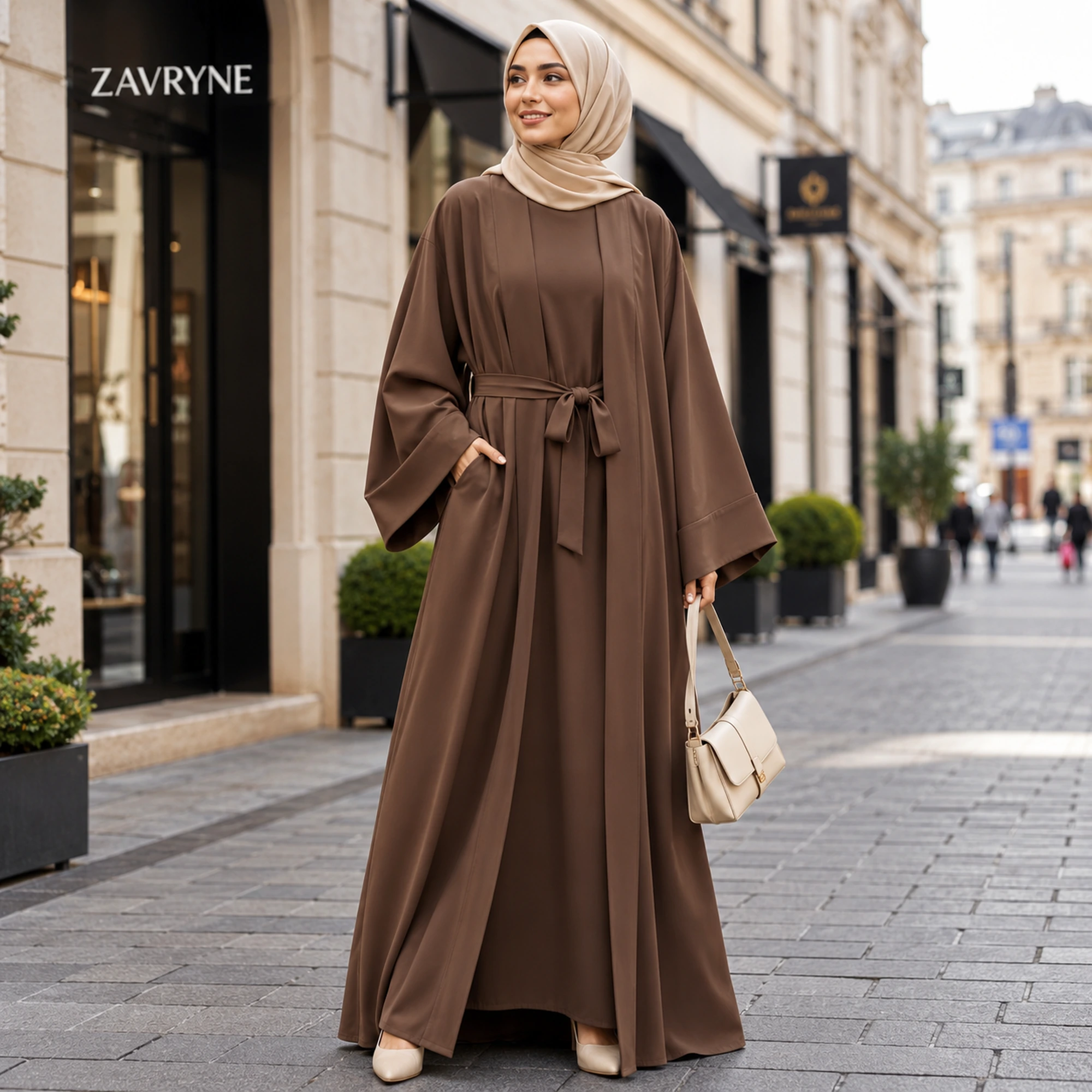 ZAVRYNE Lina – 3-Teiler Kimono-Abaya Set mit Maxikleid & Gürtel