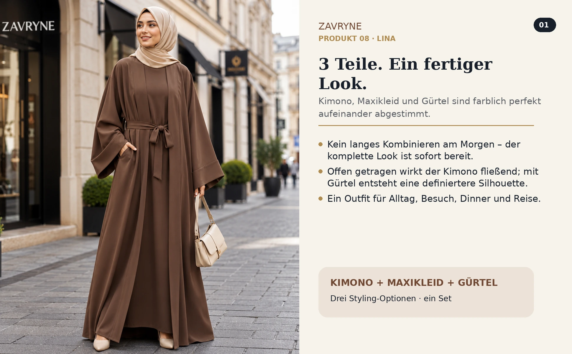 ZAVRYNE Lina – 3-Teiler Kimono-Abaya Set mit Maxikleid & Gürtel