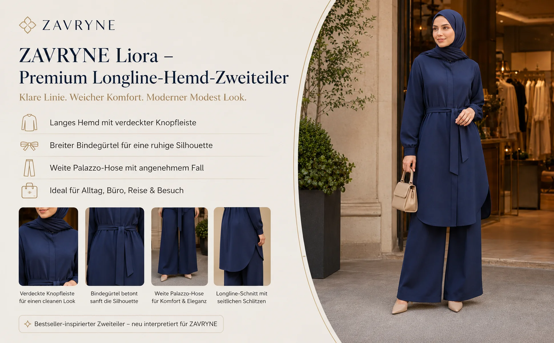 ZAVRYNE Liora – Premium Longline-Hemd-Zweiteiler mit Bindegürtel & Palazzo-Hose