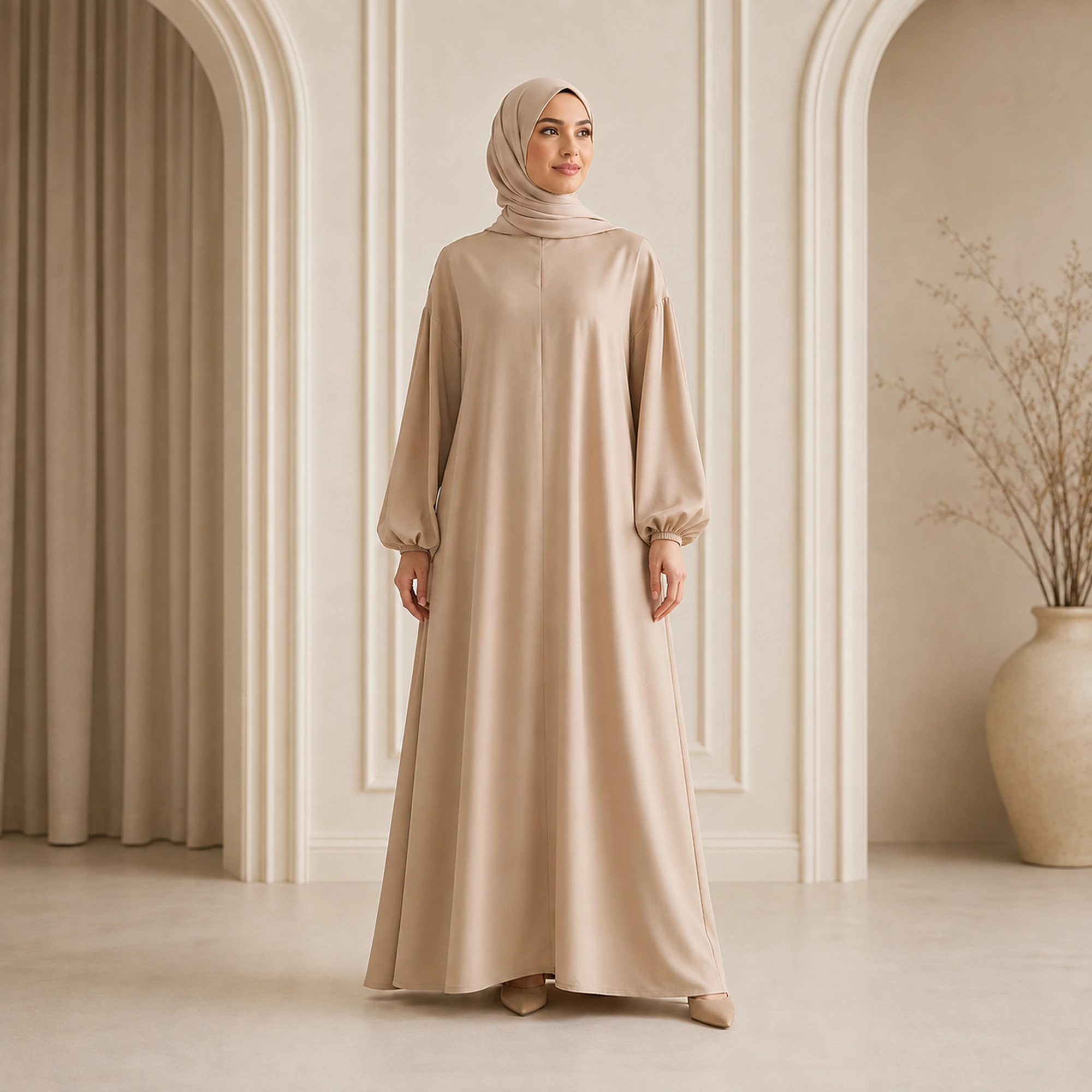ZAVRYNE Liora – Ballonärmel-Abaya in Champagnerbeige