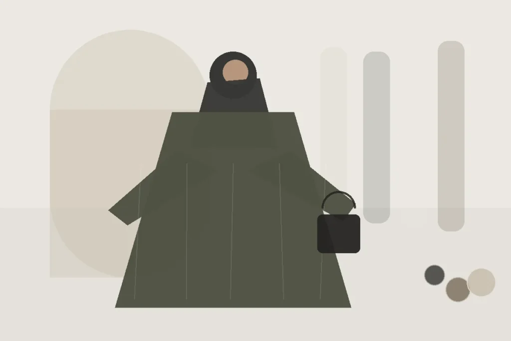 Layering im Herbst: Abaya, Strick und Mantel sinnvoll kombinieren – redaktionelle Illustration zu bedeckende Schichtenstil Herbst