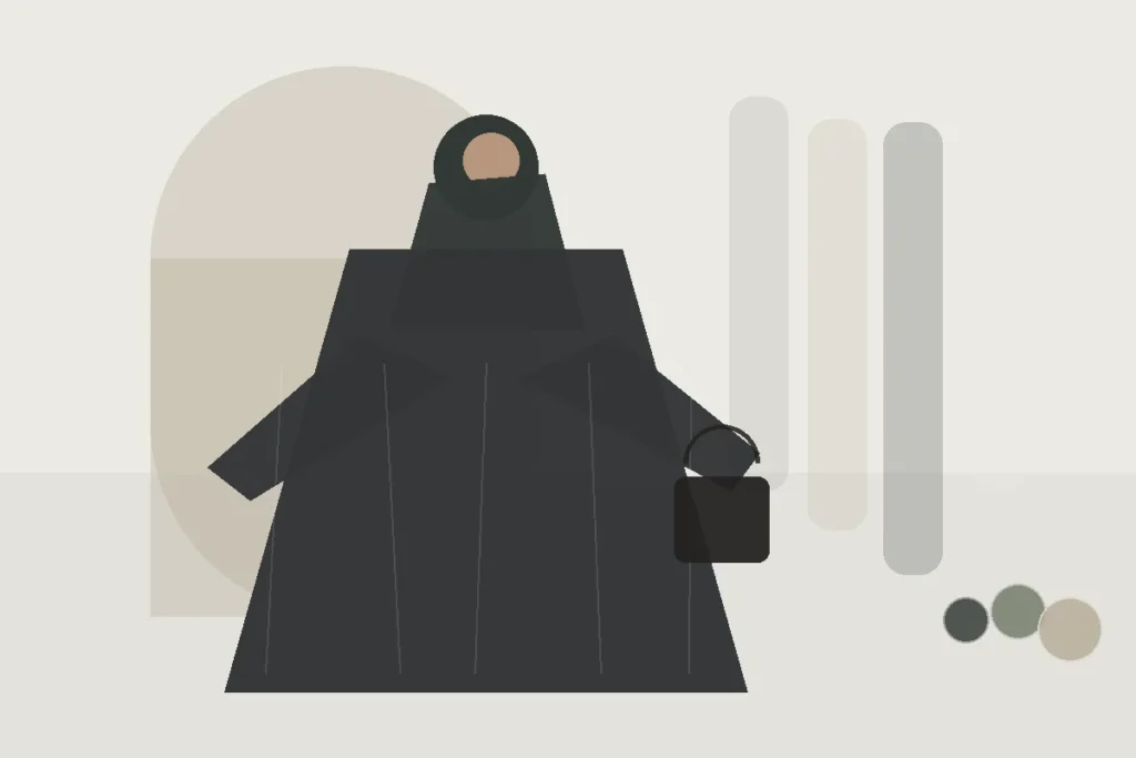 Bedeckende Mode im Herbst: Kapselgarderobe in Mokka, Olivgrün und Schwarz – redaktionelle Illustration zu bedeckende Mode Herbst