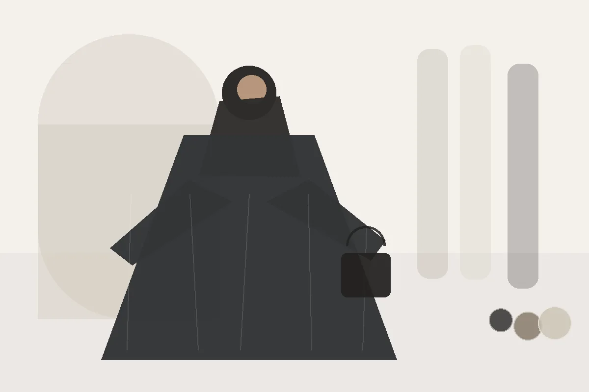 Prüfliste für den Einkauf im Internet: Abaya, Kleid und Zweiteiler – redaktionelle Illustration zu bedeckende Mode Einkauf Prüfliste