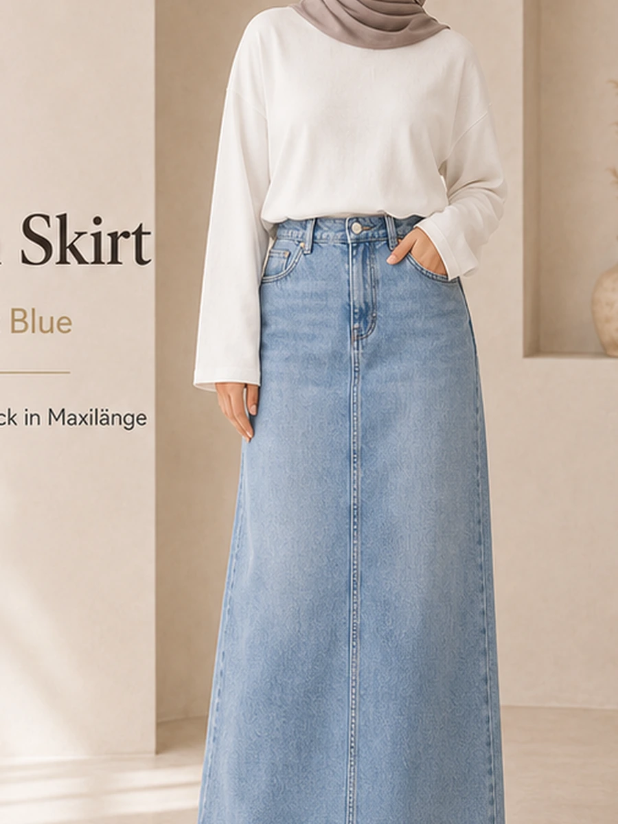 Maxi Denim Skirt – Washed Out Blue – Vorderansicht | ZAVRYNE Deutschland