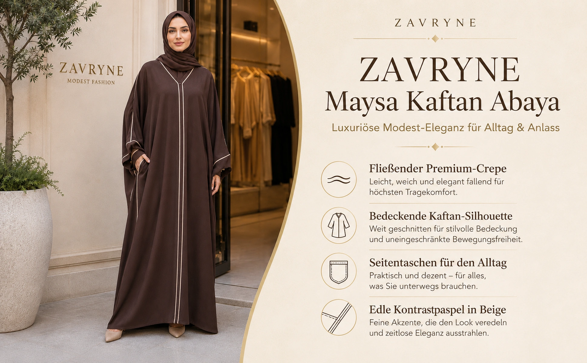 ZAVRYNE Maysa – Premium Kaftan-Abaya mit Kontrastpaspel & Seitentaschen