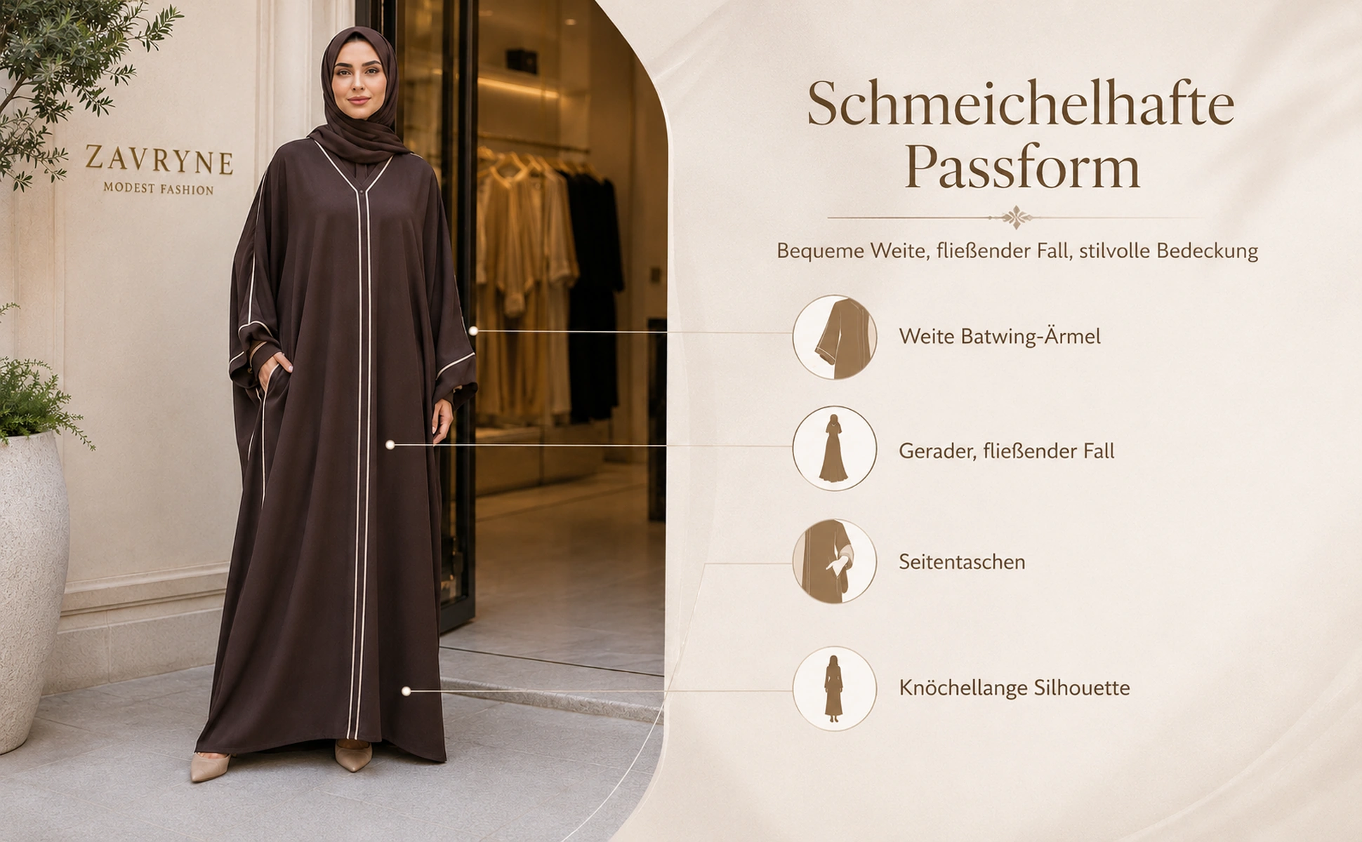 ZAVRYNE Maysa – Premium Kaftan-Abaya mit Kontrastpaspel & Seitentaschen