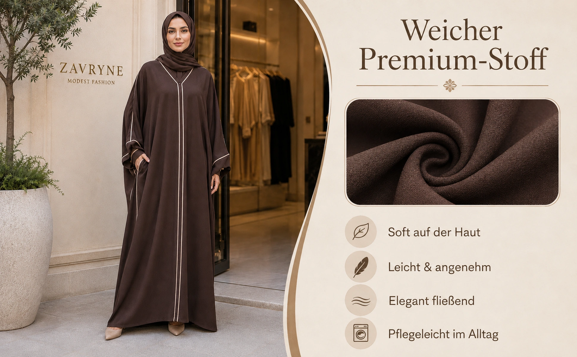 ZAVRYNE Maysa – Premium Kaftan-Abaya mit Kontrastpaspel & Seitentaschen