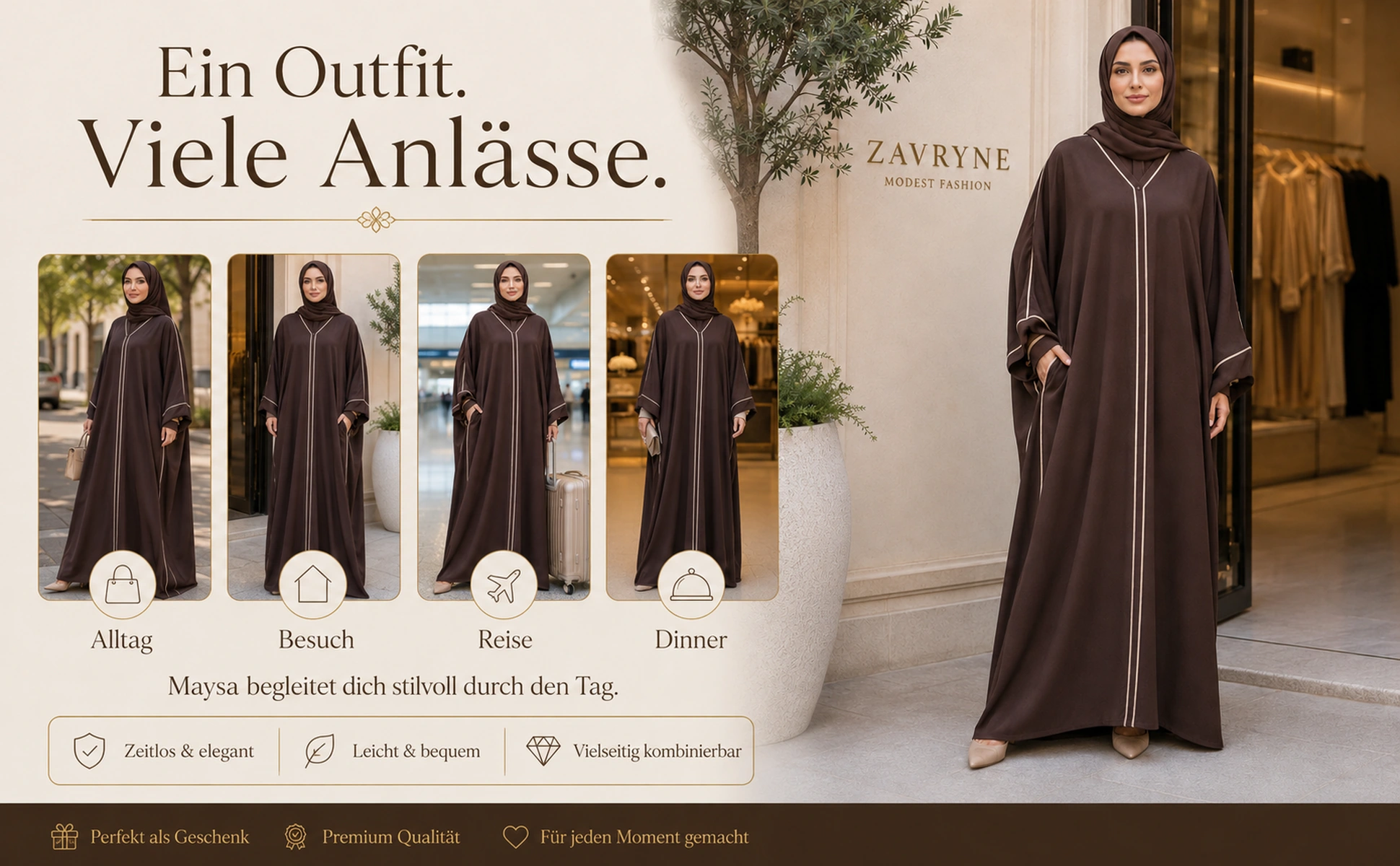 ZAVRYNE Maysa – Premium Kaftan-Abaya mit Kontrastpaspel & Seitentaschen