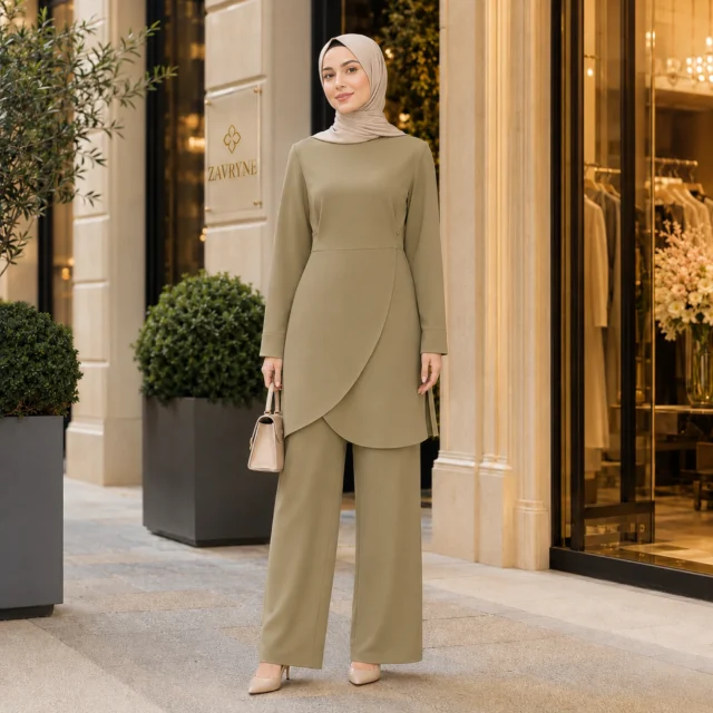 ZAVRYNE Naela – Asymmetrischer Modest-Zweiteiler in Salbeigrün