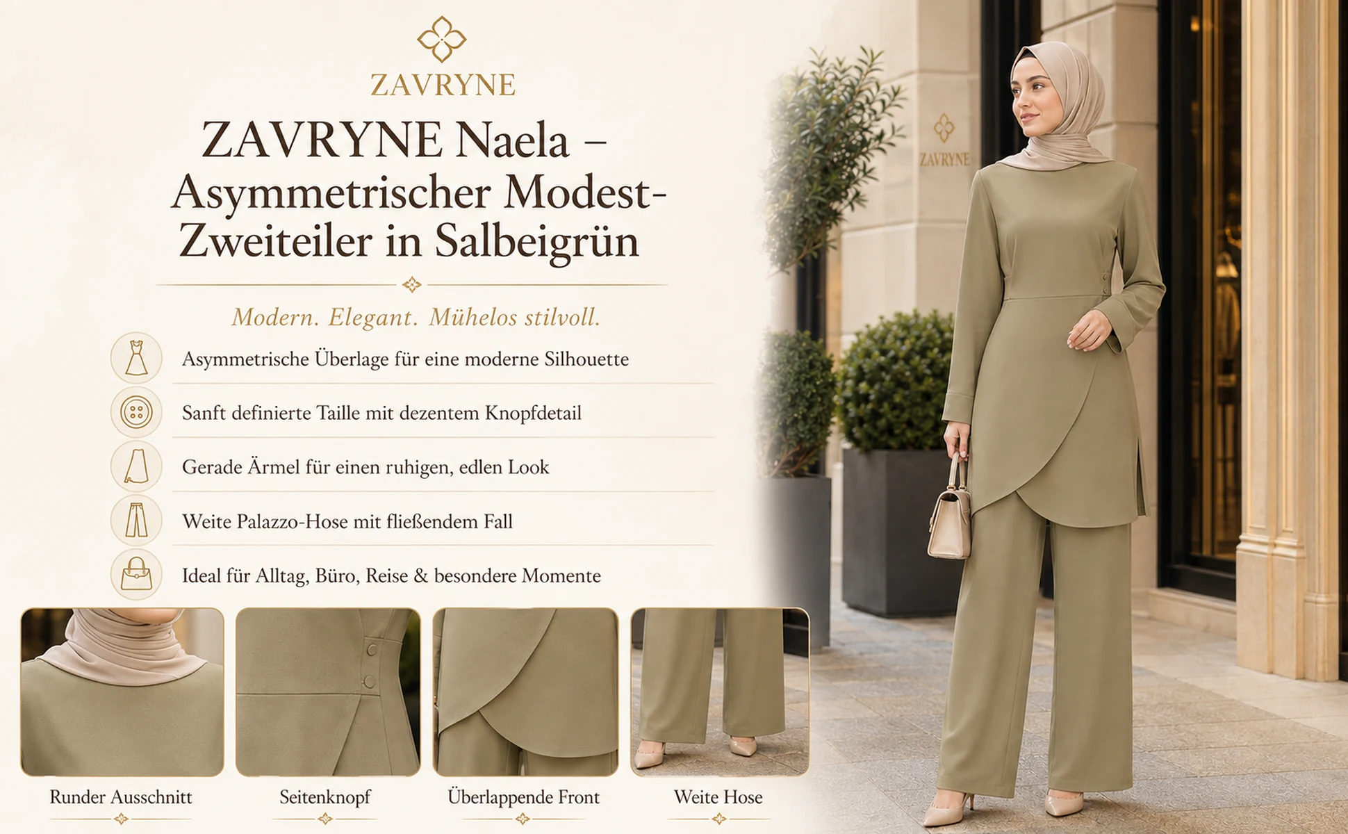 ZAVRYNE Naela – Asymmetrischer Modest-Zweiteiler in Salbeigrün