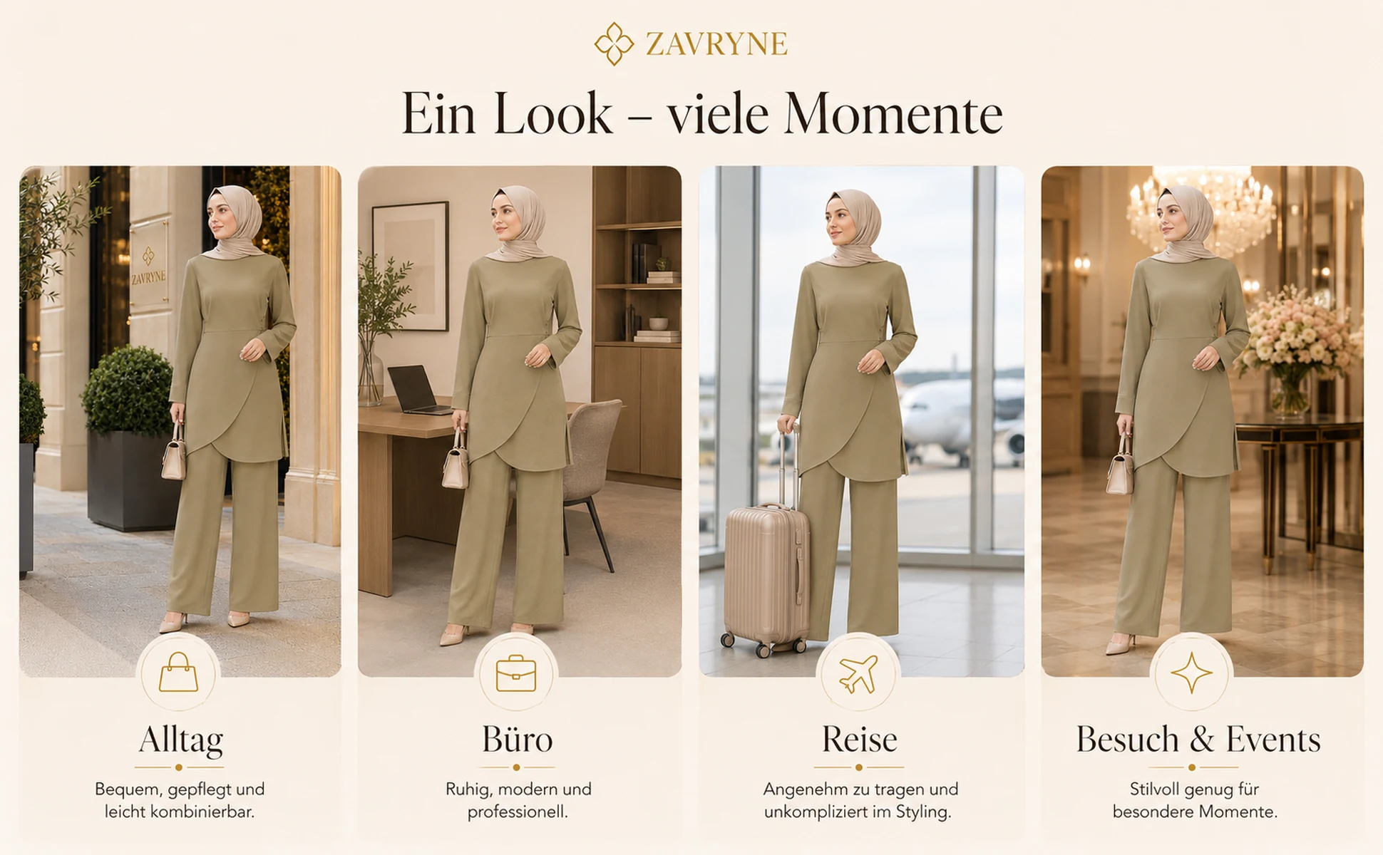 ZAVRYNE Naela – Asymmetrischer Modest-Zweiteiler in Salbeigrün
