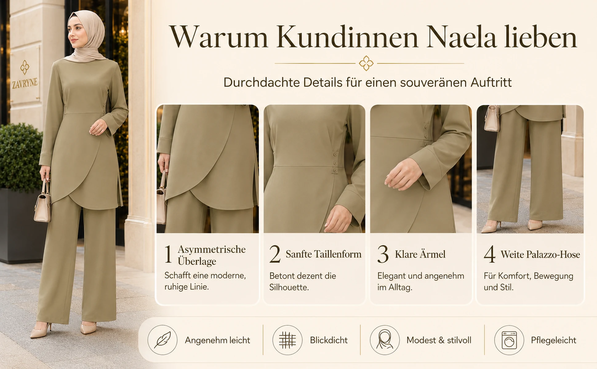 ZAVRYNE Naela – Asymmetrischer Modest-Zweiteiler in Salbeigrün