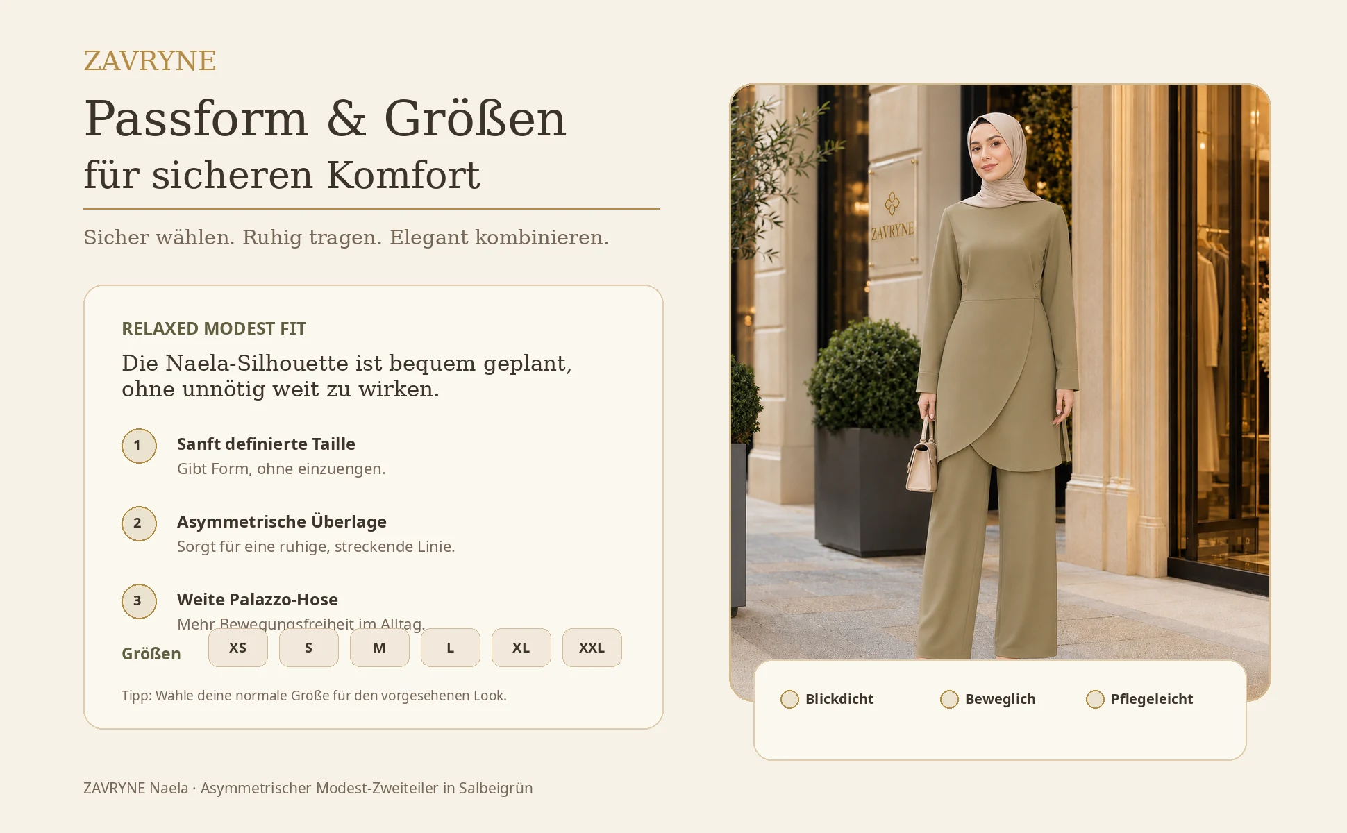 ZAVRYNE Naela – Asymmetrischer Modest-Zweiteiler in Salbeigrün
