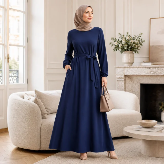 ZAVRYNE Nayla – Fließendes Modest Maxikleid mit Bindegürtel