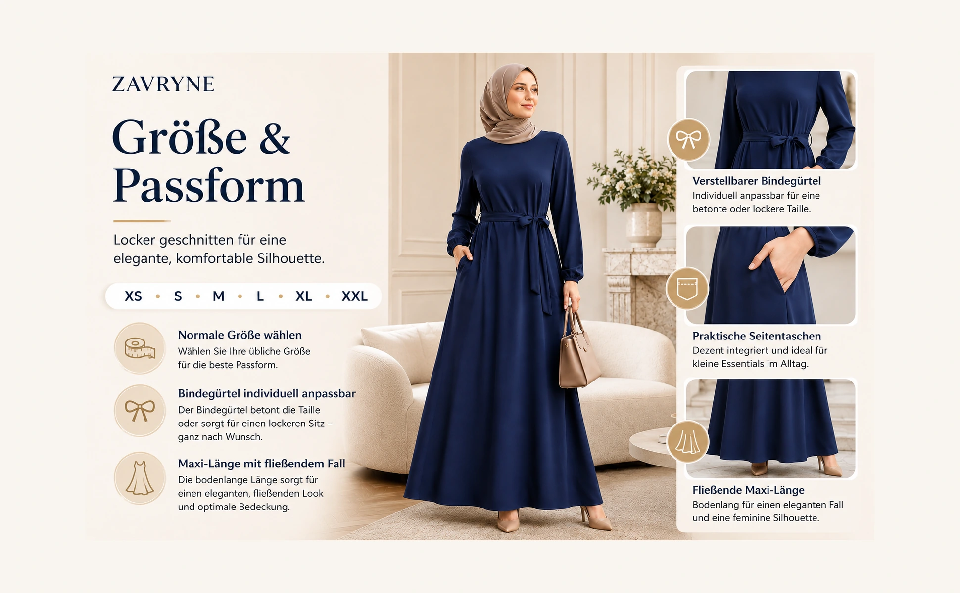 ZAVRYNE Nayla – Fließendes Modest Maxikleid mit Bindegürtel