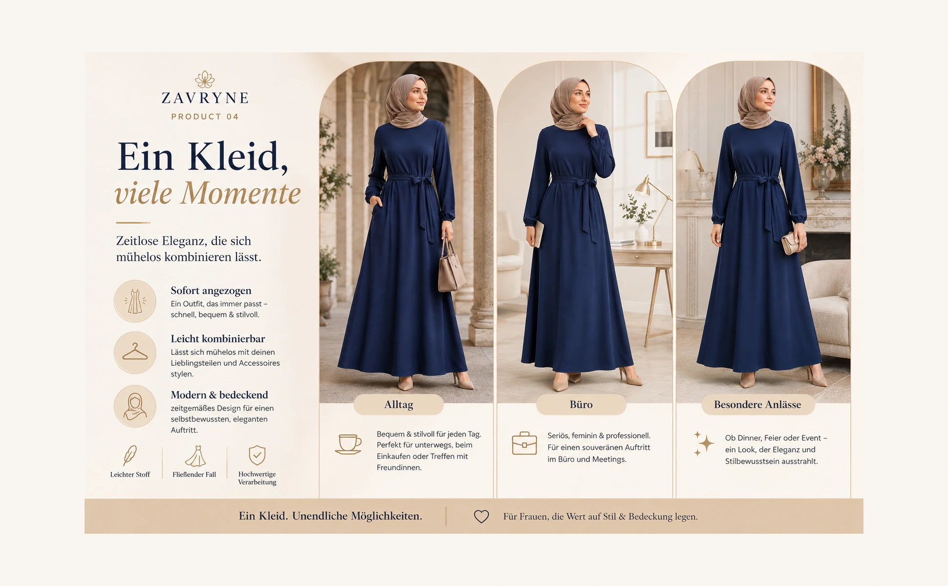 ZAVRYNE Nayla – Fließendes Modest Maxikleid mit Bindegürtel