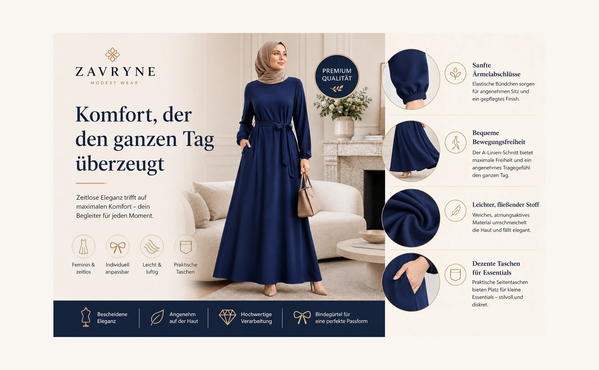 ZAVRYNE Nayla – Fließendes Modest Maxikleid mit Bindegürtel