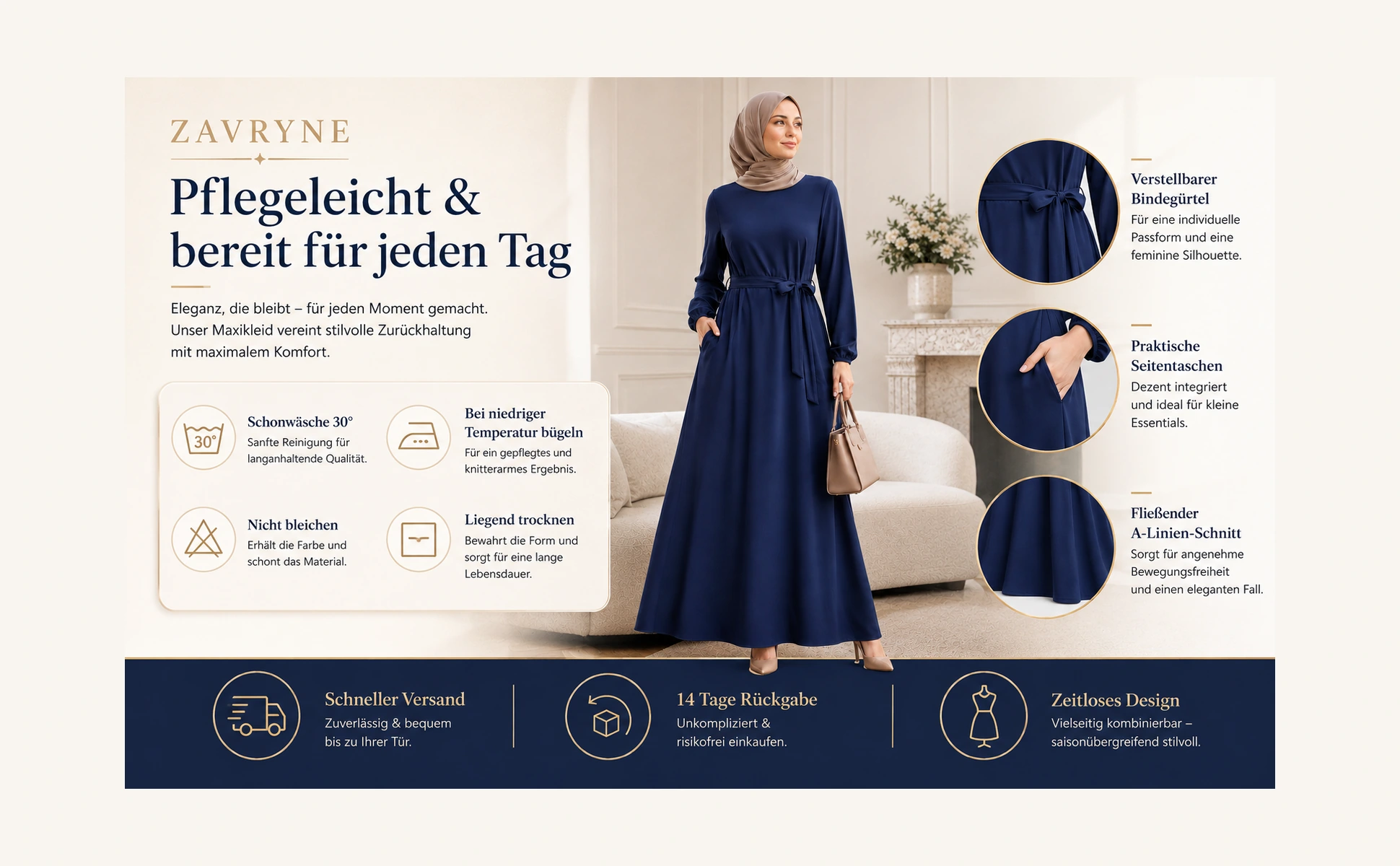 ZAVRYNE Nayla – Fließendes Modest Maxikleid mit Bindegürtel